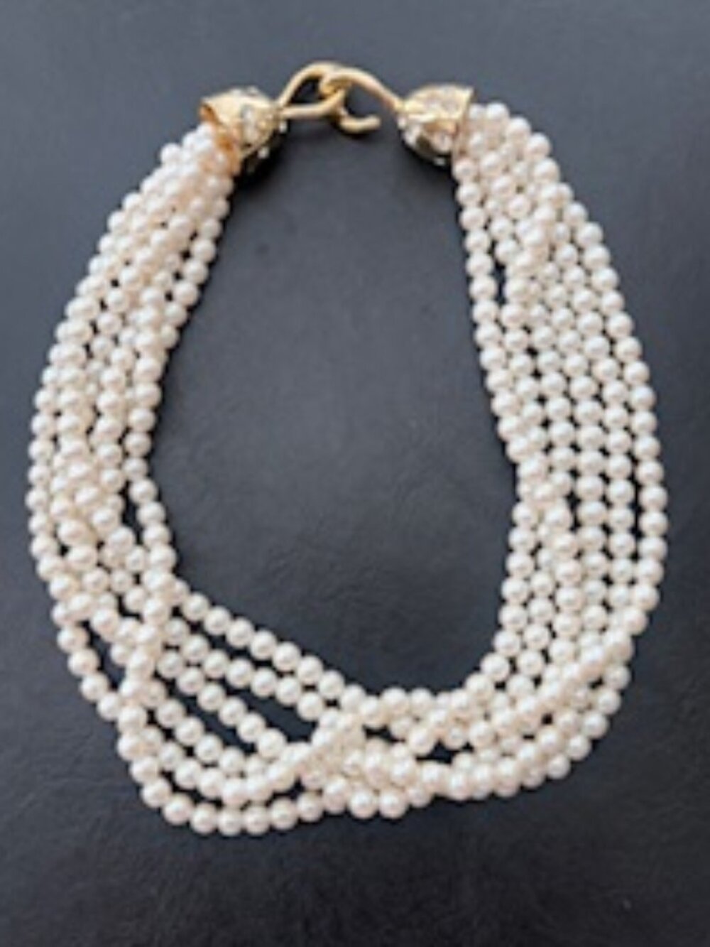 Six strands-Faux white pearl necklace-Large accent clasp-Pave rhinestones
